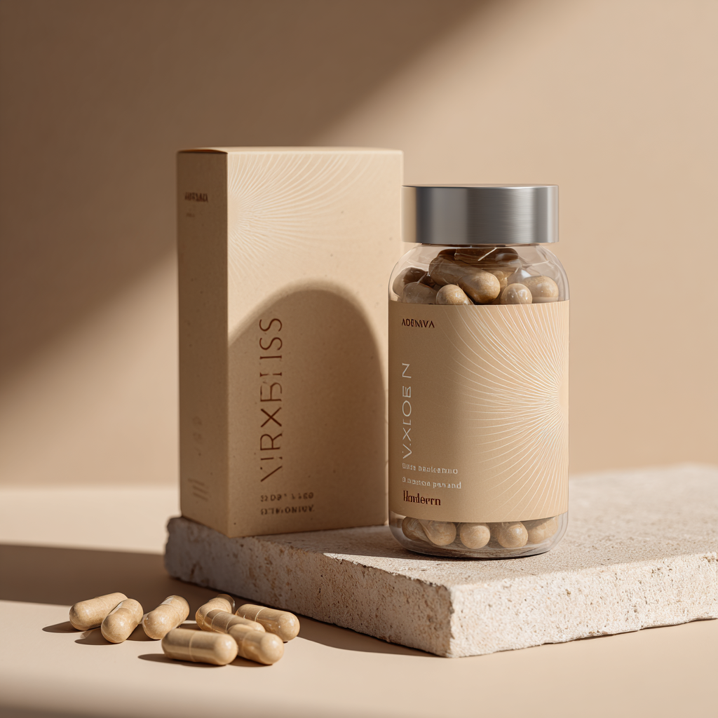 Реалистична снимка на елегантна опаковка Vironexis върху дървена маса с приглушено осветление, показваща луксозен дизайн на продукта с натурални елементи около него